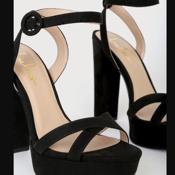 NWOT Lulus Archyy Black Suede Platform Ankle Strap Sandals - Picture 3 of 4